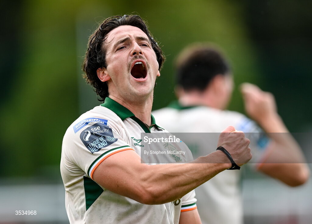 9 August 2026; James Brown of St Patrick's Athletic celebrates after scoring his side's second goal during the SSE Airtricity Men’s Premier Division match between Shelbourne and St Patrick's Athletic at Tolka Park in Dublin. Photo by Stephen McCarthy/Sportsfile