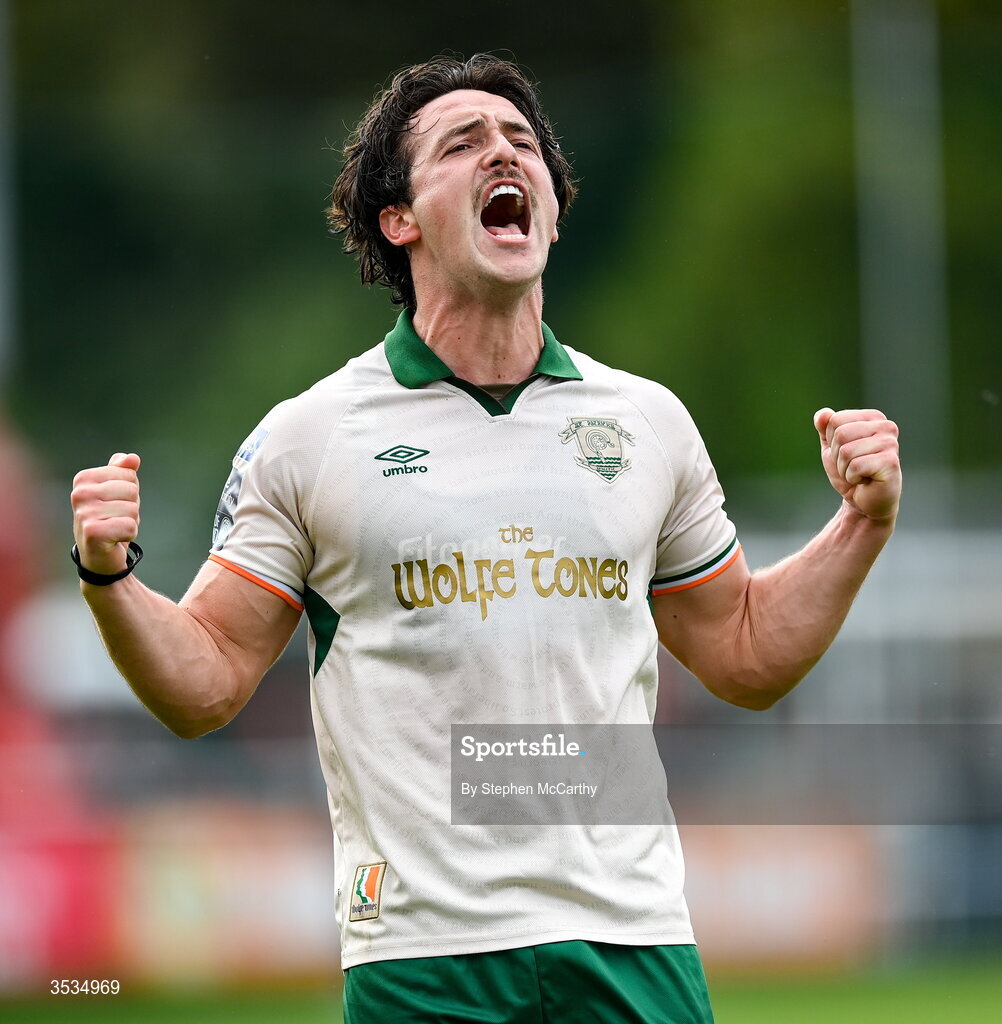 9 August 2026; James Brown of St Patrick's Athletic celebrates after scoring his side's second goal during the SSE Airtricity Men’s Premier Division match between Shelbourne and St Patrick's Athletic at Tolka Park in Dublin. Photo by Stephen McCarthy/Sportsfile