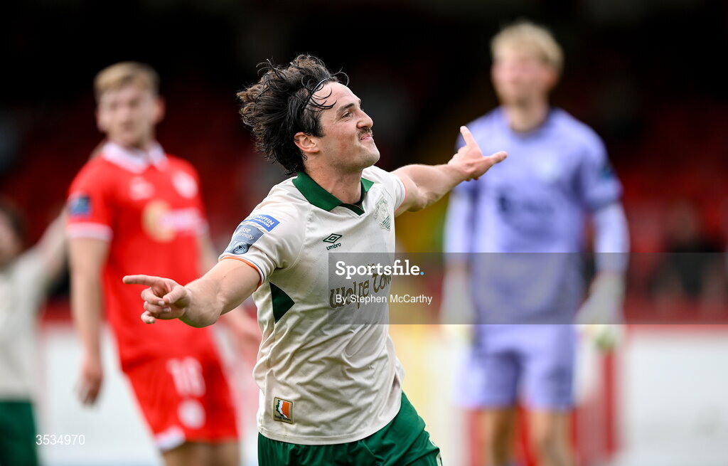 9 August 2026; James Brown of St Patrick's Athletic celebrates after scoring his side's second goal during the SSE Airtricity Men’s Premier Division match between Shelbourne and St Patrick's Athletic at Tolka Park in Dublin. Photo by Stephen McCarthy/Sportsfile
