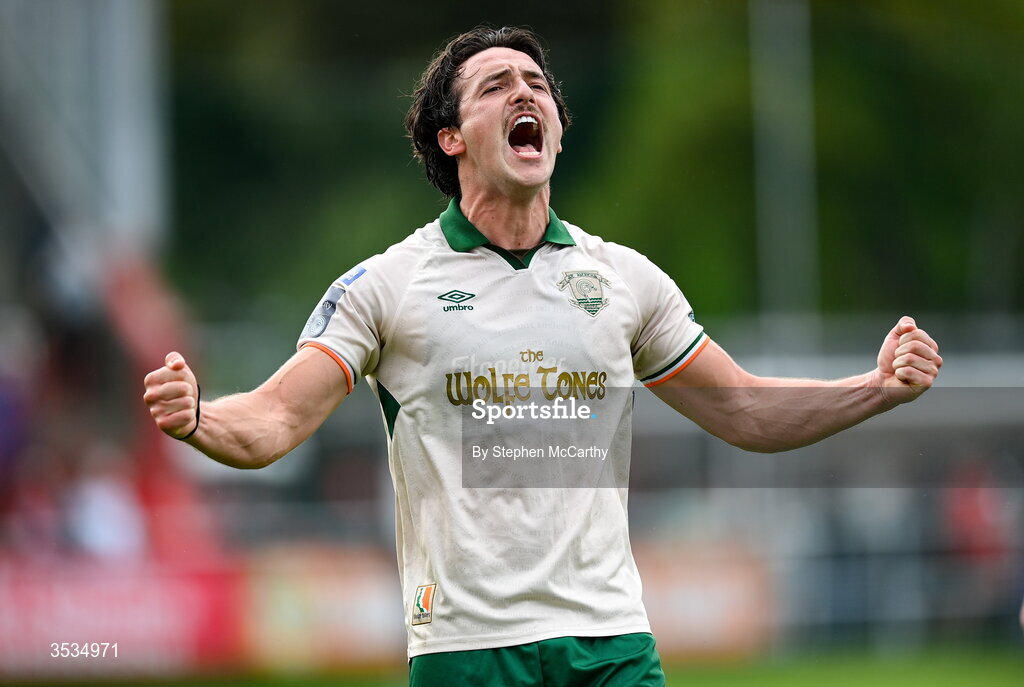 9 August 2026; James Brown of St Patrick's Athletic celebrates after scoring his side's second goal during the SSE Airtricity Men’s Premier Division match between Shelbourne and St Patrick's Athletic at Tolka Park in Dublin. Photo by Stephen McCarthy/Sportsfile
