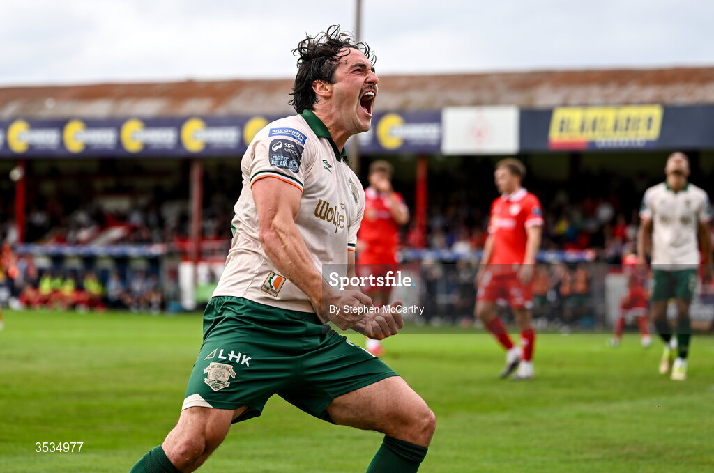 9 August 2026; James Brown of St Patrick's Athletic celebrates after scoring his side's second goal during the SSE Airtricity Men’s Premier Division match between Shelbourne and St Patrick's Athletic at Tolka Park in Dublin. Photo by Stephen McCarthy/Sportsfile