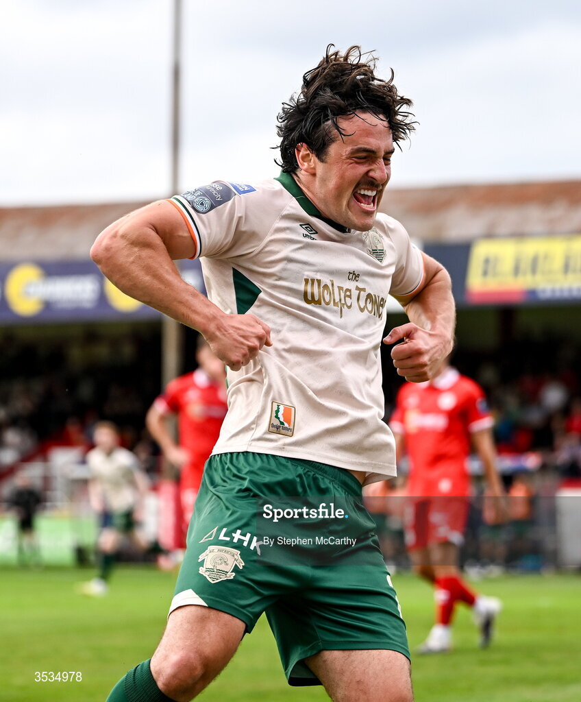 9 August 2026; James Brown of St Patrick's Athletic celebrates after scoring his side's second goal during the SSE Airtricity Men’s Premier Division match between Shelbourne and St Patrick's Athletic at Tolka Park in Dublin. Photo by Stephen McCarthy/Sportsfile