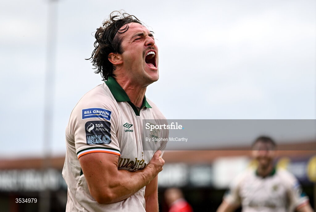 9 August 2026; James Brown of St Patrick's Athletic celebrates after scoring his side's second goal during the SSE Airtricity Men’s Premier Division match between Shelbourne and St Patrick's Athletic at Tolka Park in Dublin. Photo by Stephen McCarthy/Sportsfile