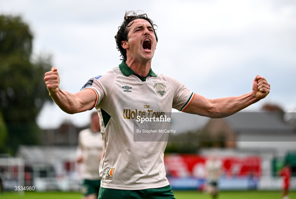 9 August 2026; James Brown of St Patrick's Athletic celebrates after scoring his side's second goal during the SSE Airtricity Men’s Premier Division match between Shelbourne and St Patrick's Athletic at Tolka Park in Dublin. Photo by Stephen McCarthy/Sportsfile