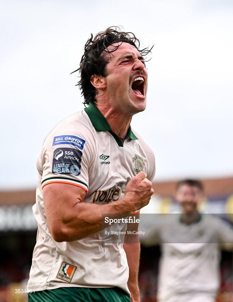 9 August 2026; James Brown of St Patrick's Athletic celebrates after scoring his side's second goal during the SSE Airtricity Men’s Premier Division match between Shelbourne and St Patrick's Athletic at Tolka Park in Dublin. Photo by Stephen McCarthy/Sportsfile