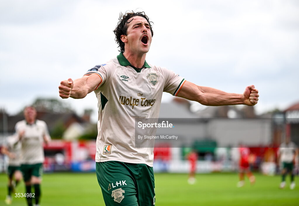 9 August 2026; James Brown of St Patrick's Athletic celebrates after scoring his side's second goal during the SSE Airtricity Men’s Premier Division match between Shelbourne and St Patrick's Athletic at Tolka Park in Dublin. Photo by Stephen McCarthy/Sportsfile