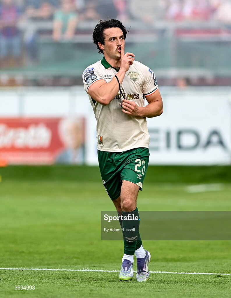 9 August 2026; James Brown of St Patrick's Athletic celebrates after scoring his side's second goal during the SSE Airtricity Men’s Premier Division match between Shelbourne and St Patrick's Athletic at Tolka Park in Dublin. Photo by Adam Russell/Sportsfile