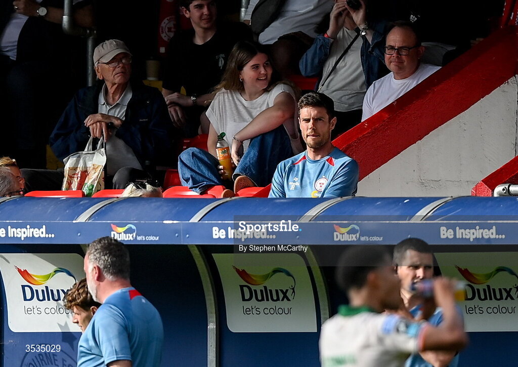 9 August 2026; Shelbourne head coach John Russell watches on from the stand after being dismissed by referee Paul Norton during the SSE Airtricity Men’s Premier Division match between Shelbourne and St Patrick's Athletic at Tolka Park in Dublin. Photo by Stephen McCarthy/Sportsfile