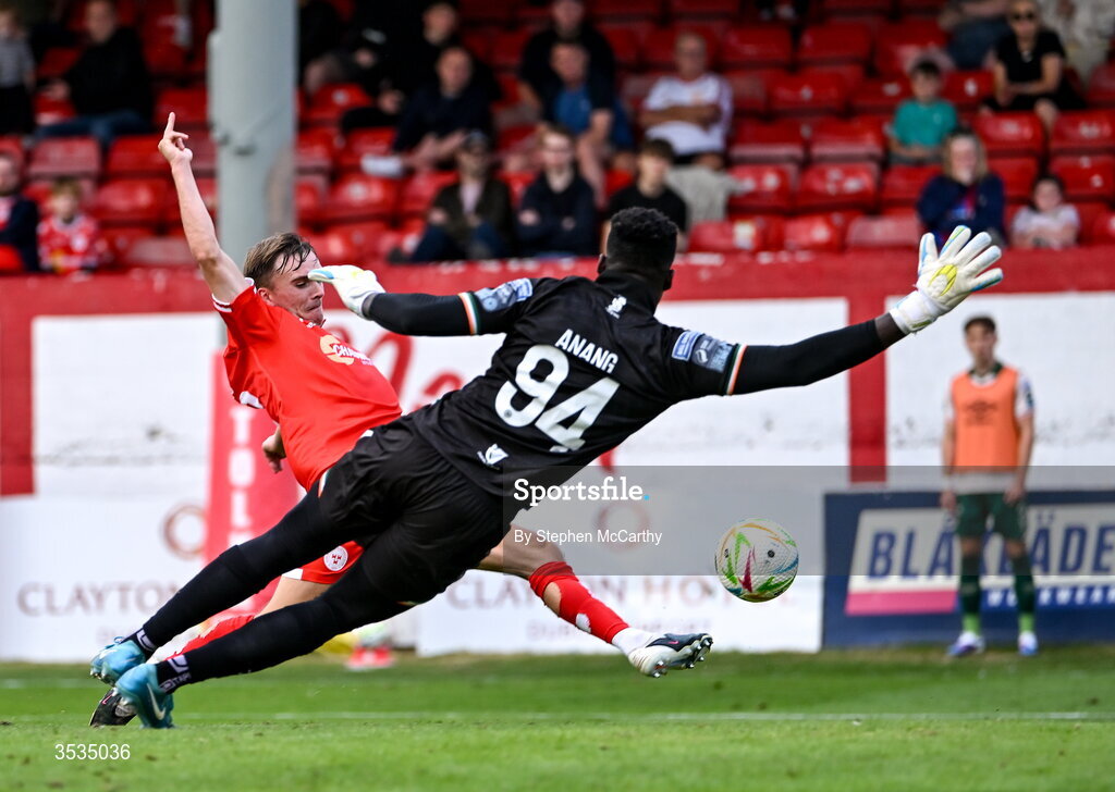 9 August 2026; James Norris of Shelbourne scores his side's first goal past St Patrick's Athletic goalkeeper Joseph Anang during the SSE Airtricity Men’s Premier Division match between Shelbourne and St Patrick's Athletic at Tolka Park in Dublin. Photo by Stephen McCarthy/Sportsfile