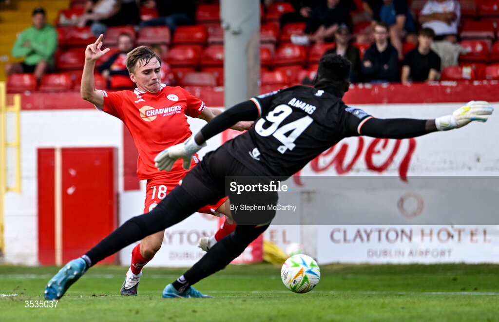 9 August 2026; James Norris of Shelbourne scores his side's first goal past St Patrick's Athletic goalkeeper Joseph Anang during the SSE Airtricity Men’s Premier Division match between Shelbourne and St Patrick's Athletic at Tolka Park in Dublin. Photo by Stephen McCarthy/Sportsfile