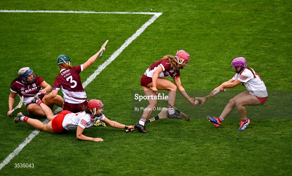 9 August 2026; Ciara Hickey of Galway in action against Orlaith Cahalane, right, and Sorcha McCartan of Cork during the Glen Dimplex All-Ireland Senior Camogie Championship final match between Galway and Cork at Croke Park in Dublin. Photo by Piaras Ó Mídheach/Sportsfile