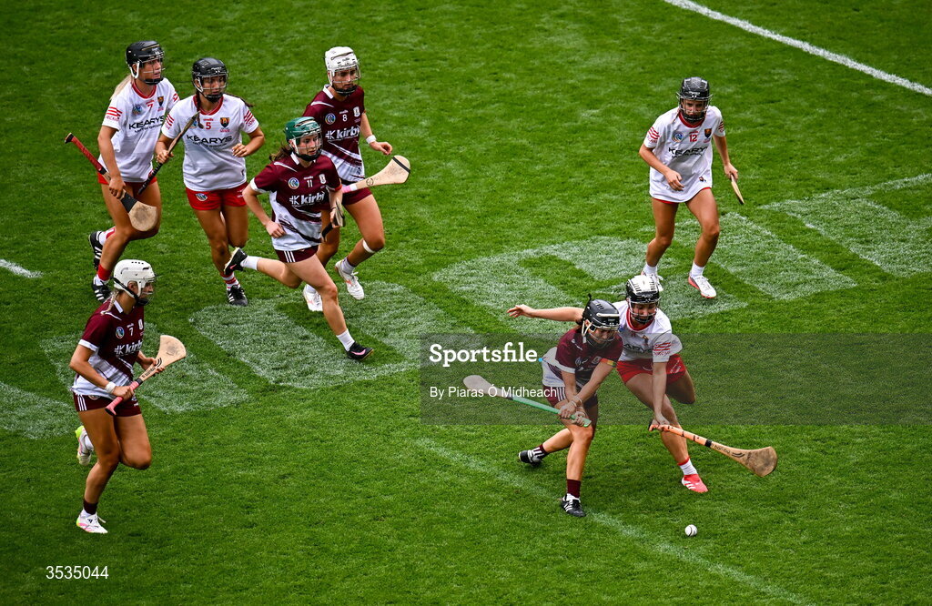 9 August 2026; Aoife Donohue of Galway in action against Saoirse McCarthy of Cork during the Glen Dimplex All-Ireland Senior Camogie Championship final match between Galway and Cork at Croke Park in Dublin. Photo by Piaras Ó Mídheach/Sportsfile