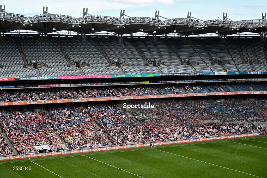 9 August 2026; Some of the 33,419 people in attendance during the Glen Dimplex All-Ireland Senior Camogie Championship final match between Galway and Cork at Croke Park in Dublin. Photo by Piaras Ó Mídheach/Sportsfile