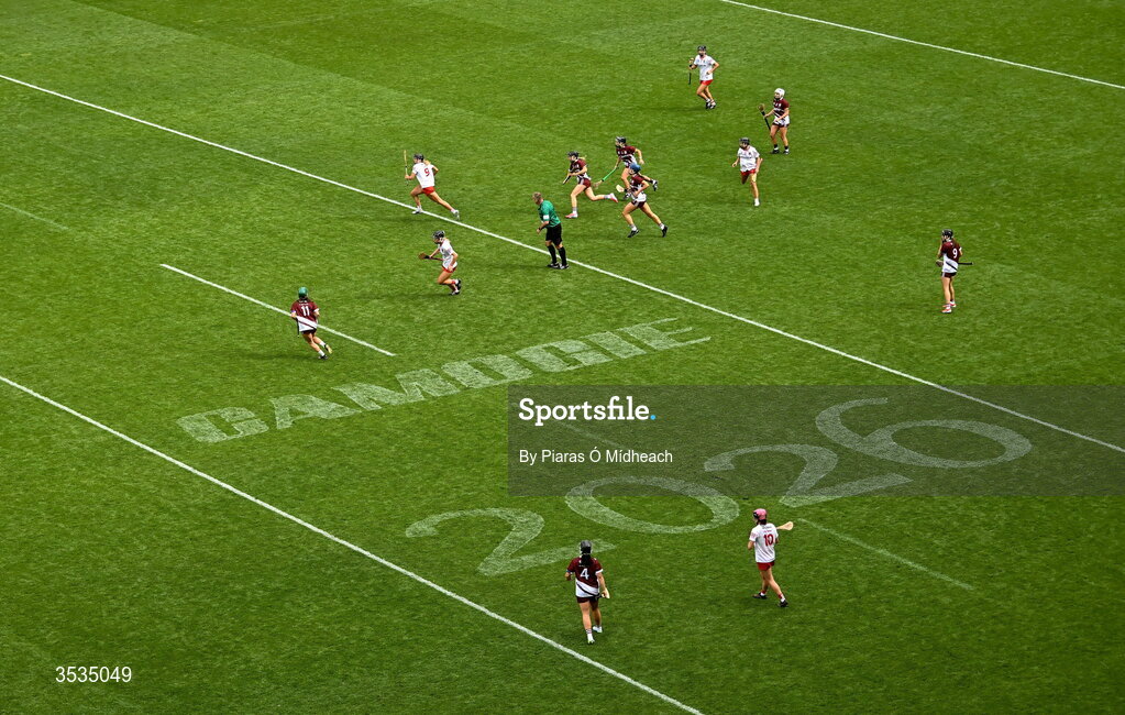 9 August 2026; A general view of action during the Glen Dimplex All-Ireland Senior Camogie Championship final match between Galway and Cork at Croke Park in Dublin. Photo by Piaras Ó Mídheach/Sportsfile