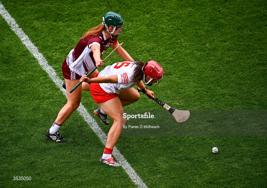9 August 2026; Sorcha McCartan of Cork in action against Róisín Black of Galway during the Glen Dimplex All-Ireland Senior Camogie Championship final match between Galway and Cork at Croke Park in Dublin. Photo by Piaras Ó Mídheach/Sportsfile
