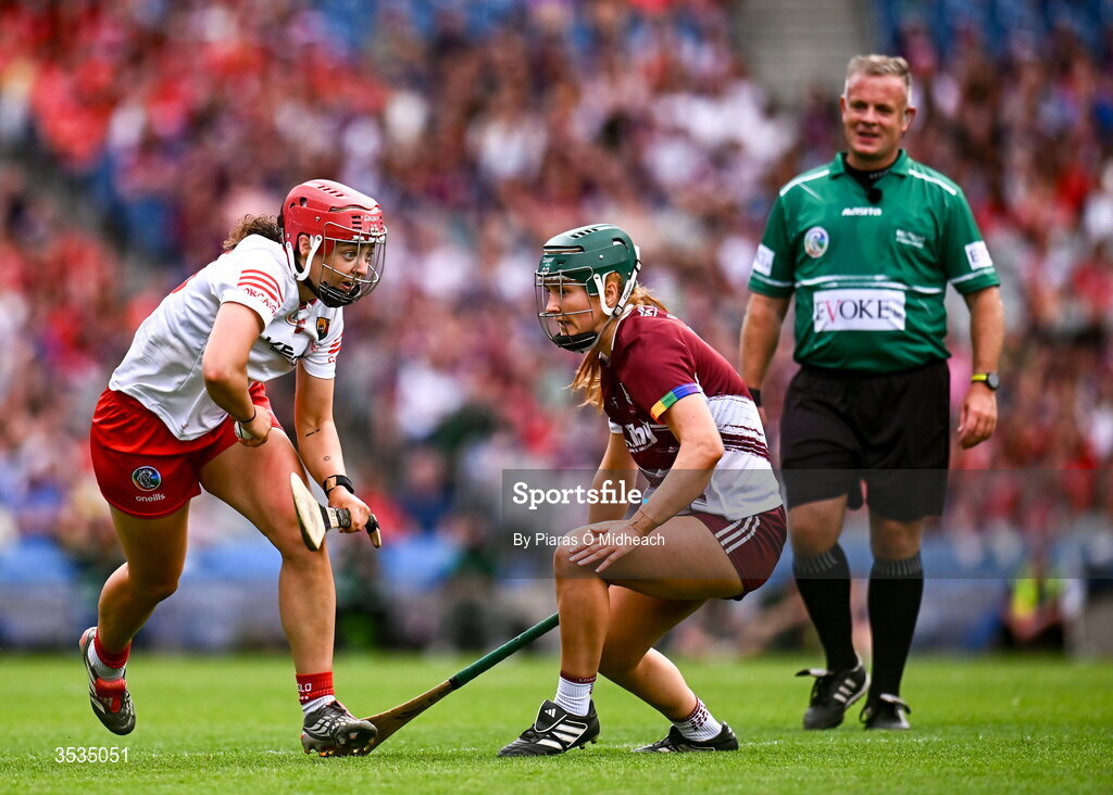 9 August 2026; Sorcha McCartan of Cork in action against Róisín Black of Galway during the Glen Dimplex All-Ireland Senior Camogie Championship final match between Galway and Cork at Croke Park in Dublin. Photo by Piaras Ó Mídheach/Sportsfile