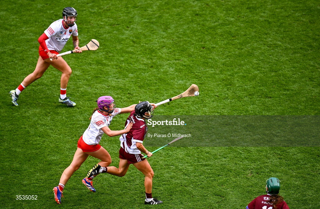 9 August 2026; Aoife Donohue of Galway is tackled by Orlaith Cahalane of Cork during the Glen Dimplex All-Ireland Senior Camogie Championship final match between Galway and Cork at Croke Park in Dublin. Photo by Piaras Ó Mídheach/Sportsfile