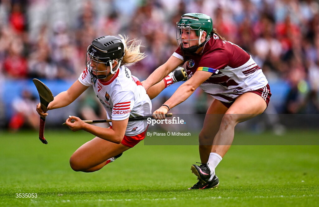 9 August 2026; Isobel Sheehan of Cork in action against Niamh McPeake of Galway during the Glen Dimplex All-Ireland Senior Camogie Championship final match between Galway and Cork at Croke Park in Dublin. Photo by Piaras Ó Mídheach/Sportsfile