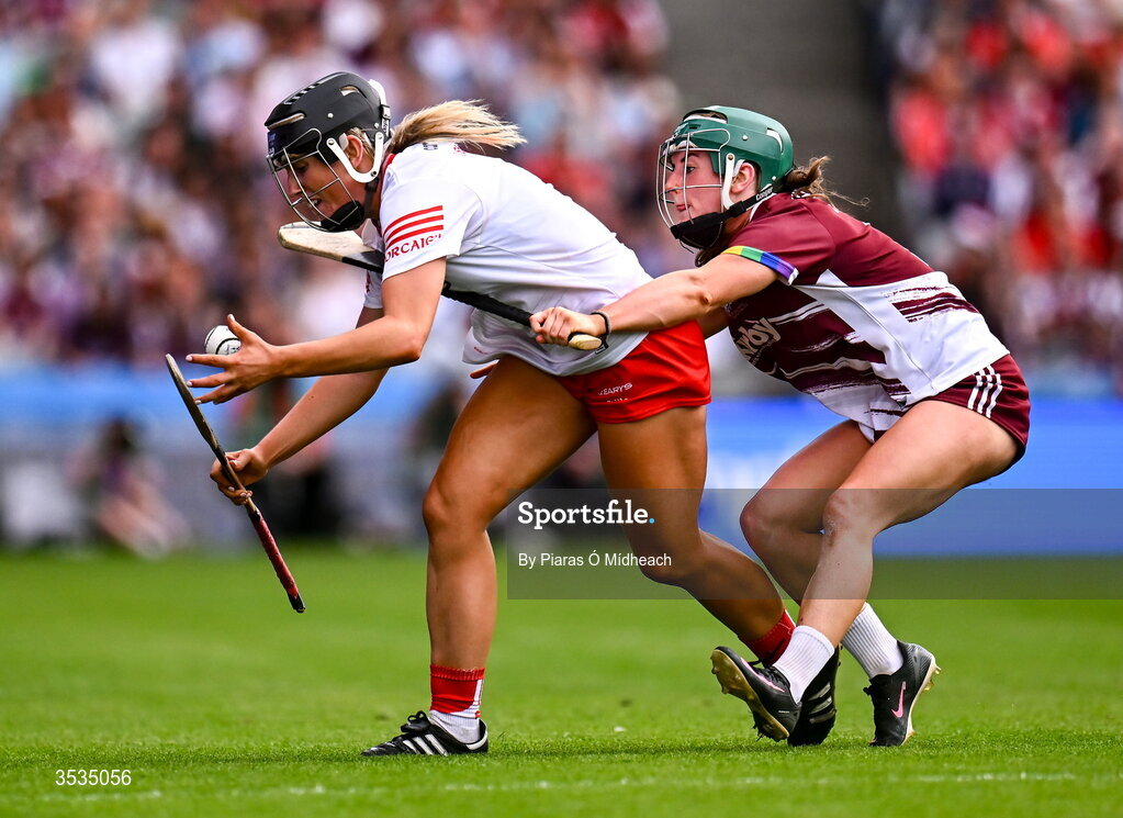 9 August 2026; Isobel Sheehan of Cork in action against Niamh McPeake of Galway during the Glen Dimplex All-Ireland Senior Camogie Championship final match between Galway and Cork at Croke Park in Dublin. Photo by Piaras Ó Mídheach/Sportsfile