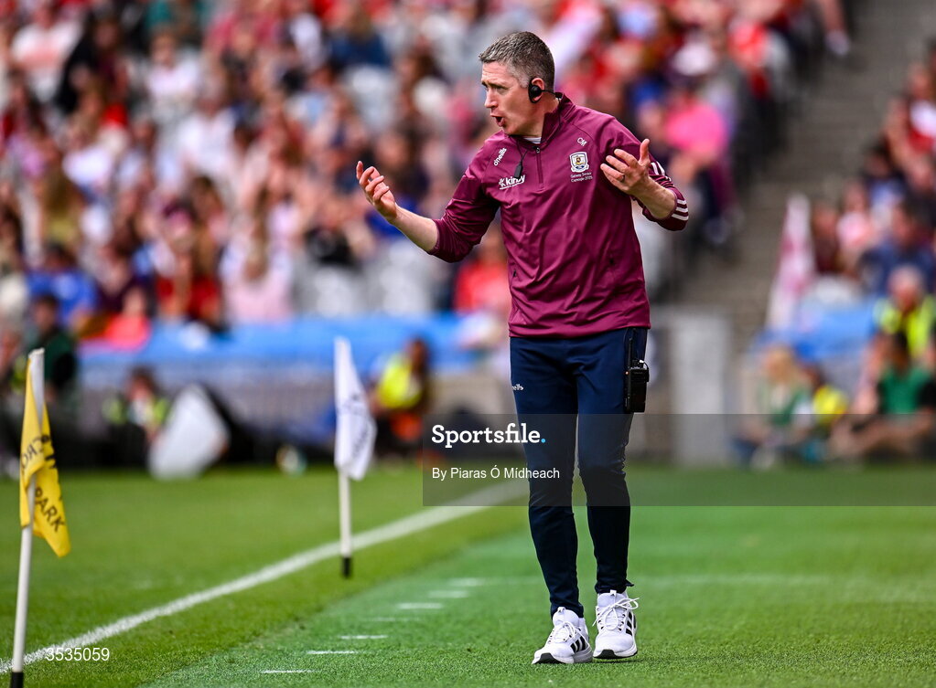 9 August 2026; Galway manager Cathal Murray during the Glen Dimplex All-Ireland Senior Camogie Championship final match between Galway and Cork at Croke Park in Dublin. Photo by Piaras Ó Mídheach/Sportsfile