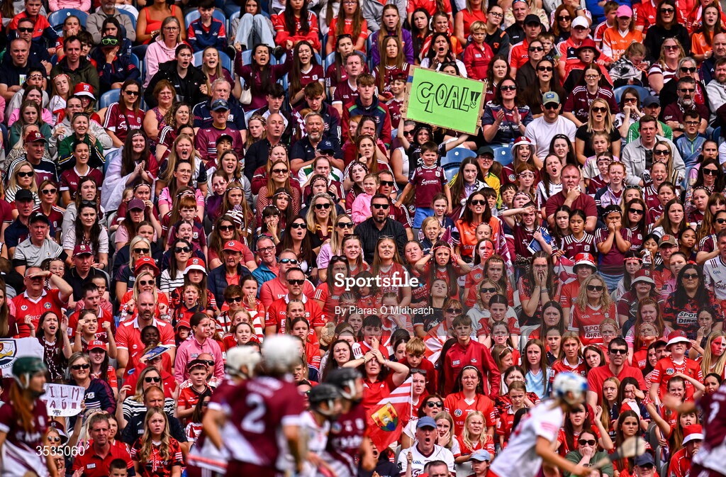 9 August 2026; Some of the 33,419 supporters in attendance during the Glen Dimplex All-Ireland Senior Camogie Championship final match between Galway and Cork at Croke Park in Dublin. Photo by Piaras Ó Mídheach/Sportsfile