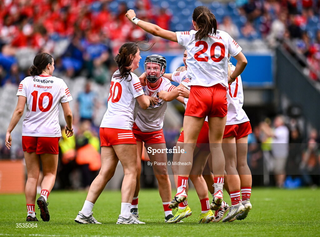 9 August 2026; Cork players, including Ashling Thompson, wearing a helmet, celebrate after the Glen Dimplex All-Ireland Senior Camogie Championship final match between Galway and Cork at Croke Park in Dublin. Photo by Piaras Ó Mídheach/Sportsfile