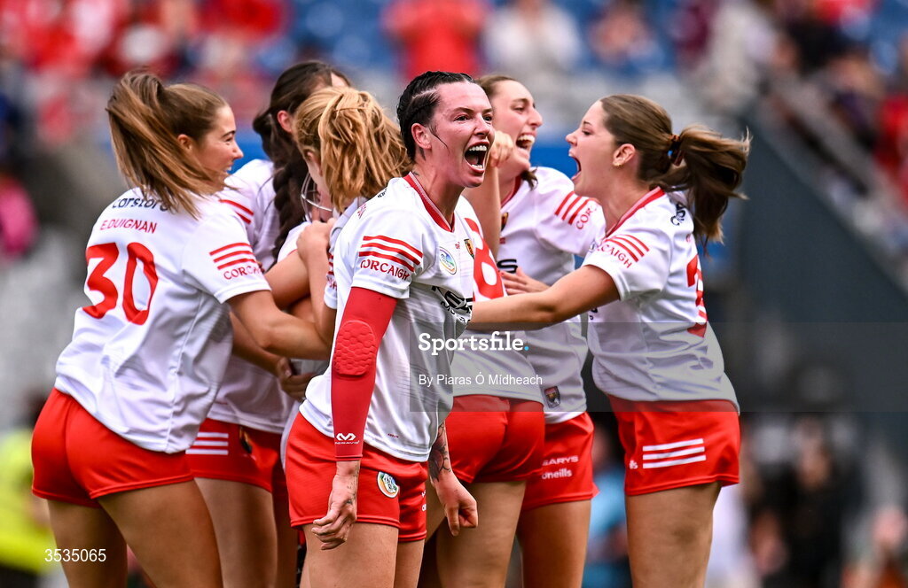 9 August 2026; Ashling Thompson of Cork, front, celebrates after the Glen Dimplex All-Ireland Senior Camogie Championship final match between Galway and Cork at Croke Park in Dublin. Photo by Piaras Ó Mídheach/Sportsfile