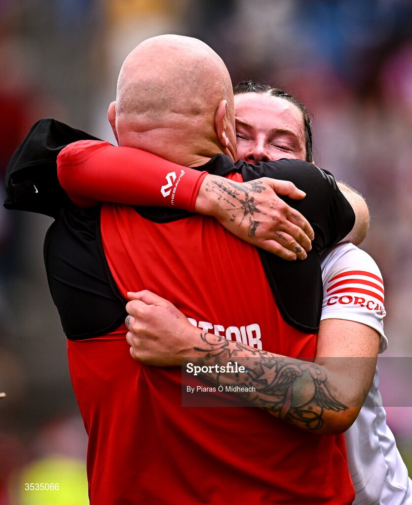 9 August 2026; Ashling Thompson of Cork celebrates with Cork manager Ger Manley after the Glen Dimplex All-Ireland Senior Camogie Championship final match between Galway and Cork at Croke Park in Dublin. Photo by Piaras Ó Mídheach/Sportsfile