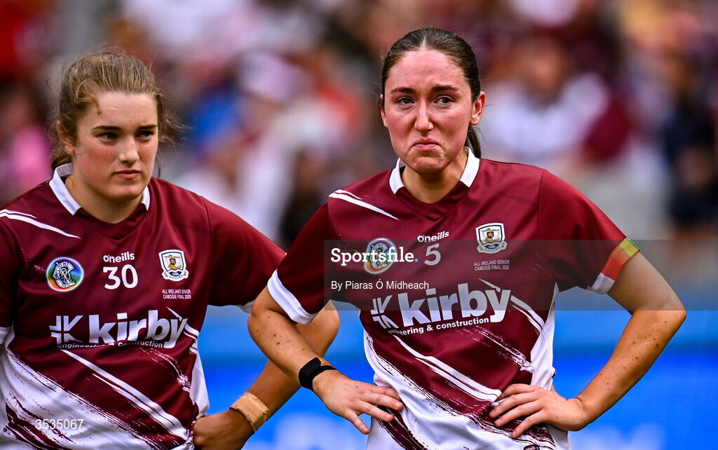 9 August 2026; Galway players Shauna Healy, left, and Katie Manning after defeat in the Glen Dimplex All-Ireland Senior Camogie Championship final match between Galway and Cork at Croke Park in Dublin. Photo by Piaras Ó Mídheach/Sportsfile
