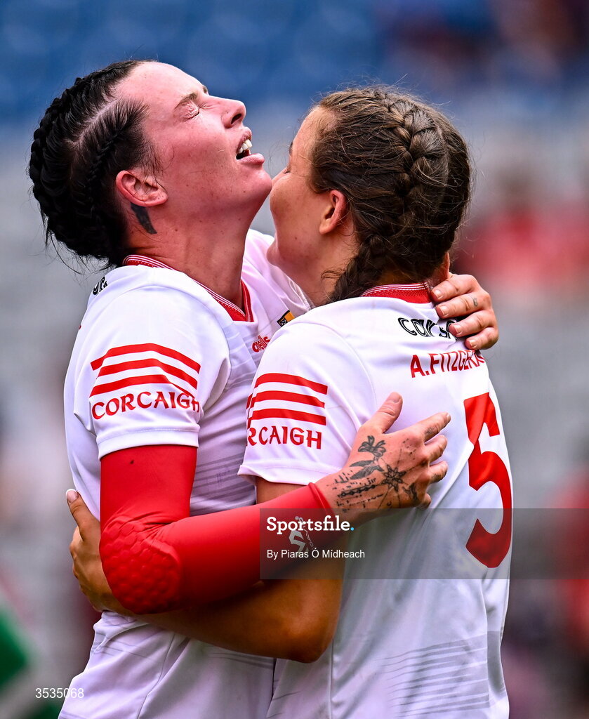 9 August 2026; Cork players Ashling Thompson and Ava Fitzgerald, right, celebrate after the Glen Dimplex All-Ireland Senior Camogie Championship final match between Galway and Cork at Croke Park in Dublin. Photo by Piaras Ó Mídheach/Sportsfile