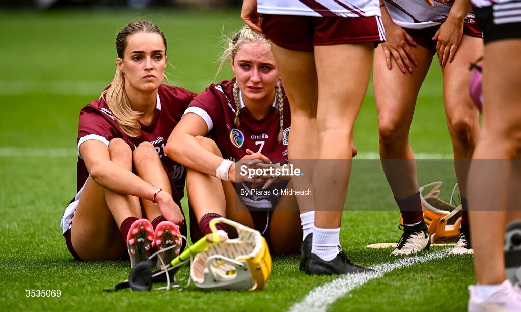 9 August 2026; Galway player Ava Lynskey, left, and Katie Anna Porter after defeat in the Glen Dimplex All-Ireland Senior Camogie Championship final match between Galway and Cork at Croke Park in Dublin. Photo by Piaras Ó Mídheach/Sportsfile