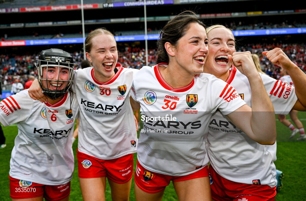 9 August 2026; Cork players celebrate after winning the Glen Dimplex All-Ireland Senior Camogie Championship final match between Galway and Cork at Croke Park in Dublin. Photo by Paul Phelan/Sportsfile