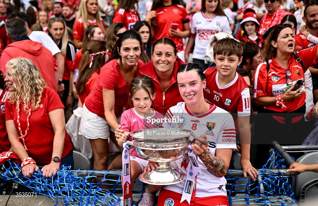 9 August 2026; Ashling Thompson of Cork with supporters after the Glen Dimplex All-Ireland Senior Camogie Championship final match between Galway and Cork at Croke Park in Dublin. Photo by Piaras Ó Mídheach/Sportsfile