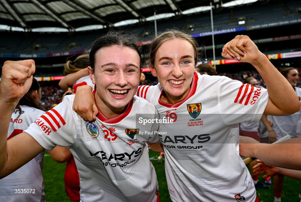 9 August 2026; Rachel Murphy and Órlaith Cremin of Cork celebrate after winning the Glen Dimplex All-Ireland Senior Camogie Championship final match between Galway and Cork at Croke Park in Dublin. Photo by Paul Phelan/Sportsfile