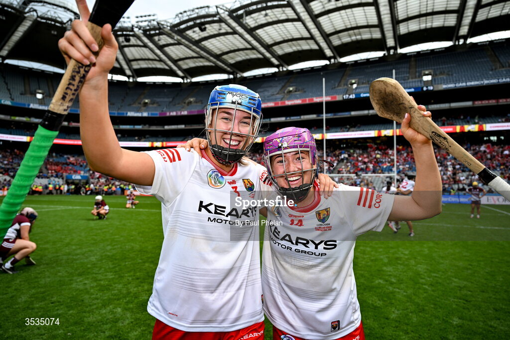 9 August 2026; Orlaith Mullins and Orlaith Cahalane of Cork during the Glen Dimplex All-Ireland Senior Camogie Championship final match between Galway and Cork at Croke Park in Dublin. Photo by Paul Phelan/Sportsfile