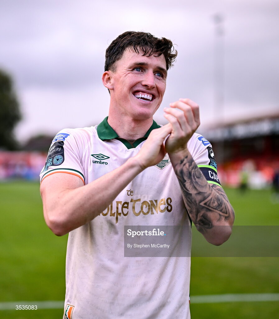 9 August 2026; Joe Redmond of St Patrick's Athletic acknowledges his side's supporters during the SSE Airtricity Men’s Premier Division match between Shelbourne and St Patrick's Athletic at Tolka Park in Dublin. Photo by Stephen McCarthy/Sportsfile