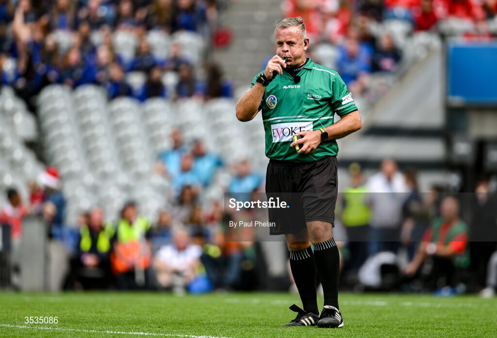 9 August 2026; Referee Gavin Donegan during the Glen Dimplex All-Ireland Senior Camogie Championship final match between Galway and Cork at Croke Park in Dublin. Photo by Paul Phelan/Sportsfile