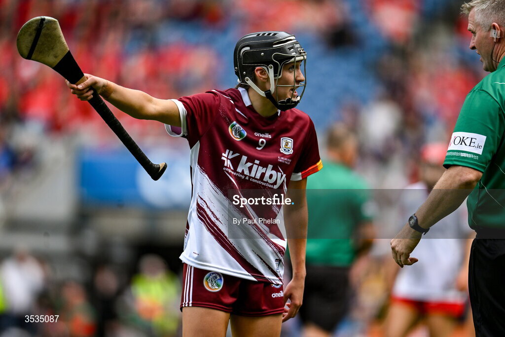 9 August 2026; Carrie Dolan of Galway protests a decision during the Glen Dimplex All-Ireland Senior Camogie Championship final match between Galway and Cork at Croke Park in Dublin. Photo by Paul Phelan/Sportsfile