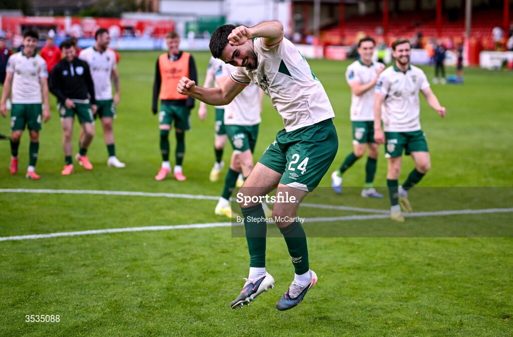 9 August 2026; Luke Turner of St Patrick's Athletic celebrates after the SSE Airtricity Men’s Premier Division match between Shelbourne and St Patrick's Athletic at Tolka Park in Dublin. Photo by Stephen McCarthy/Sportsfile