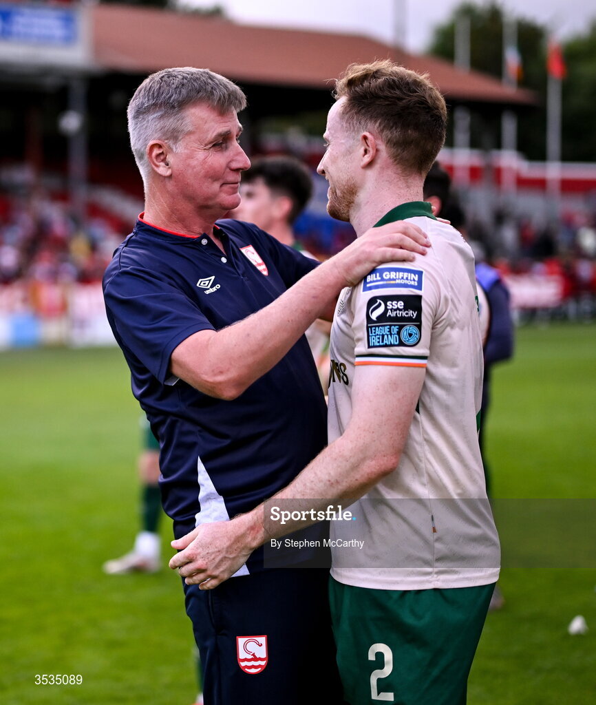 9 August 2026; St Patrick's Athletic manager Stephen Kenny and Sean Hoare after the SSE Airtricity Men’s Premier Division match between Shelbourne and St Patrick's Athletic at Tolka Park in Dublin. Photo by Stephen McCarthy/Sportsfile