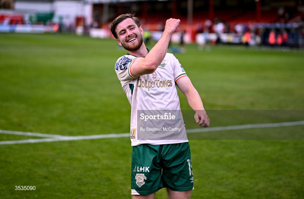 9 August 2026; Barry Baggley of St Patrick's Athletic celebrates after the SSE Airtricity Men’s Premier Division match between Shelbourne and St Patrick's Athletic at Tolka Park in Dublin. Photo by Stephen McCarthy/Sportsfile