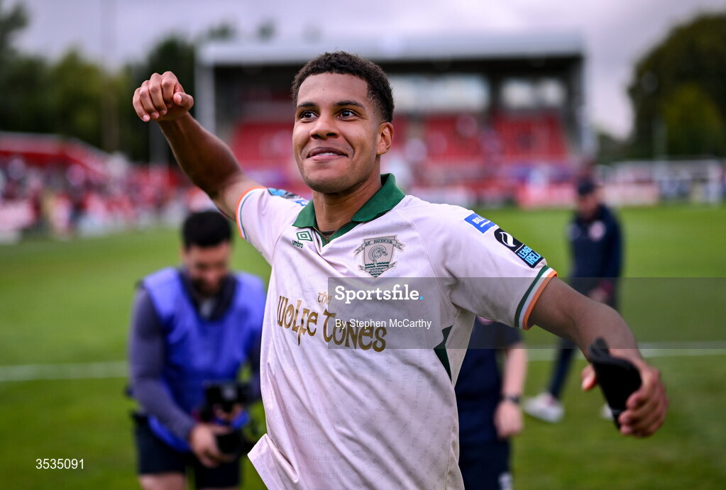 9 August 2026; Anthony Olusanya of St Patrick's Athletic celebrates after the SSE Airtricity Men’s Premier Division match between Shelbourne and St Patrick's Athletic at Tolka Park in Dublin. Photo by Stephen McCarthy/Sportsfile