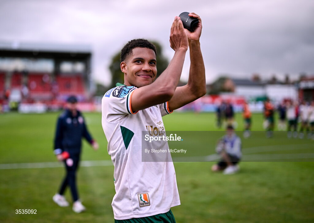 9 August 2026; Anthony Olusanya of St Patrick's Athletic celebrates after the SSE Airtricity Men’s Premier Division match between Shelbourne and St Patrick's Athletic at Tolka Park in Dublin. Photo by Stephen McCarthy/Sportsfile