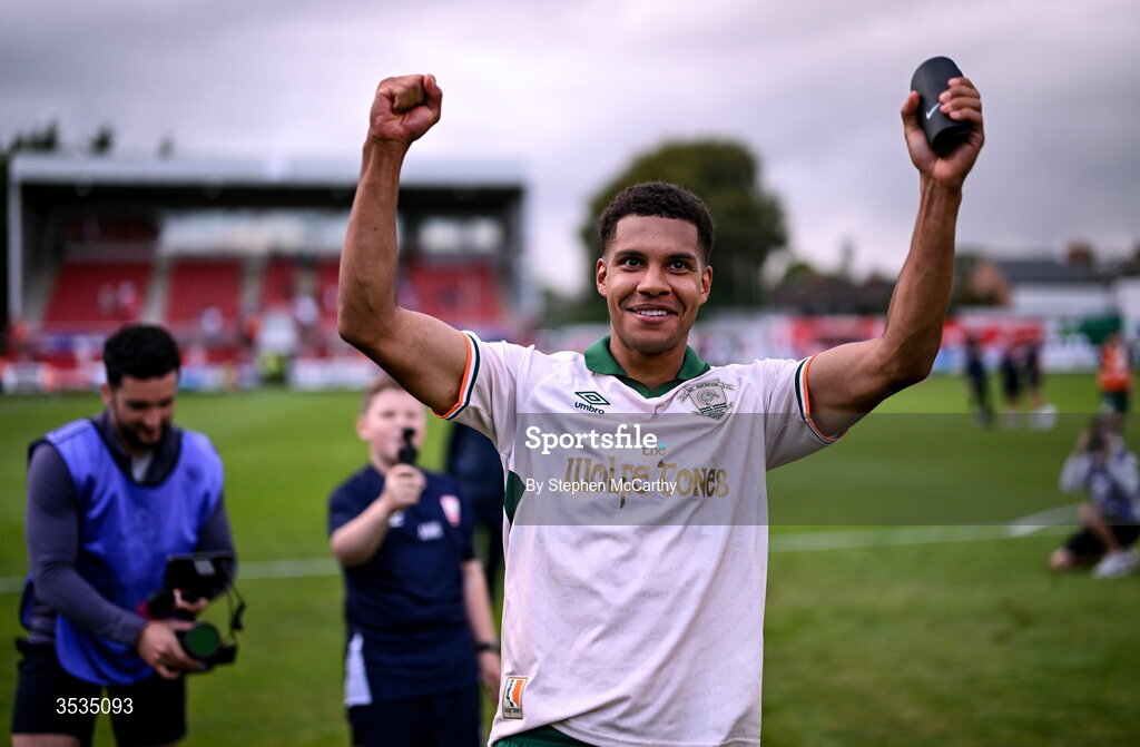9 August 2026; Anthony Olusanya of St Patrick's Athletic celebrates after the SSE Airtricity Men’s Premier Division match between Shelbourne and St Patrick's Athletic at Tolka Park in Dublin. Photo by Stephen McCarthy/Sportsfile