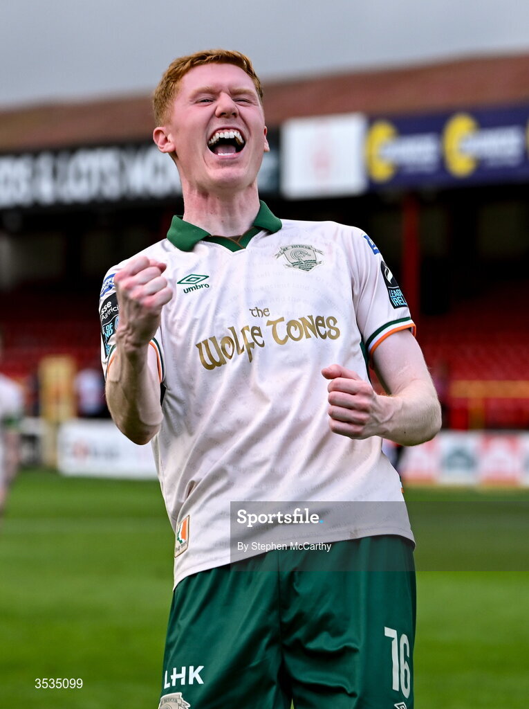 9 August 2026; Darragh Nugent of St Patrick's Athletic celebrates after the SSE Airtricity Men’s Premier Division match between Shelbourne and St Patrick's Athletic at Tolka Park in Dublin. Photo by Stephen McCarthy/Sportsfile