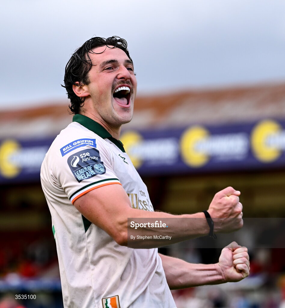 9 August 2026; James Brown of St Patrick's Athletic celebrates after the SSE Airtricity Men’s Premier Division match between Shelbourne and St Patrick's Athletic at Tolka Park in Dublin. Photo by Stephen McCarthy/Sportsfile