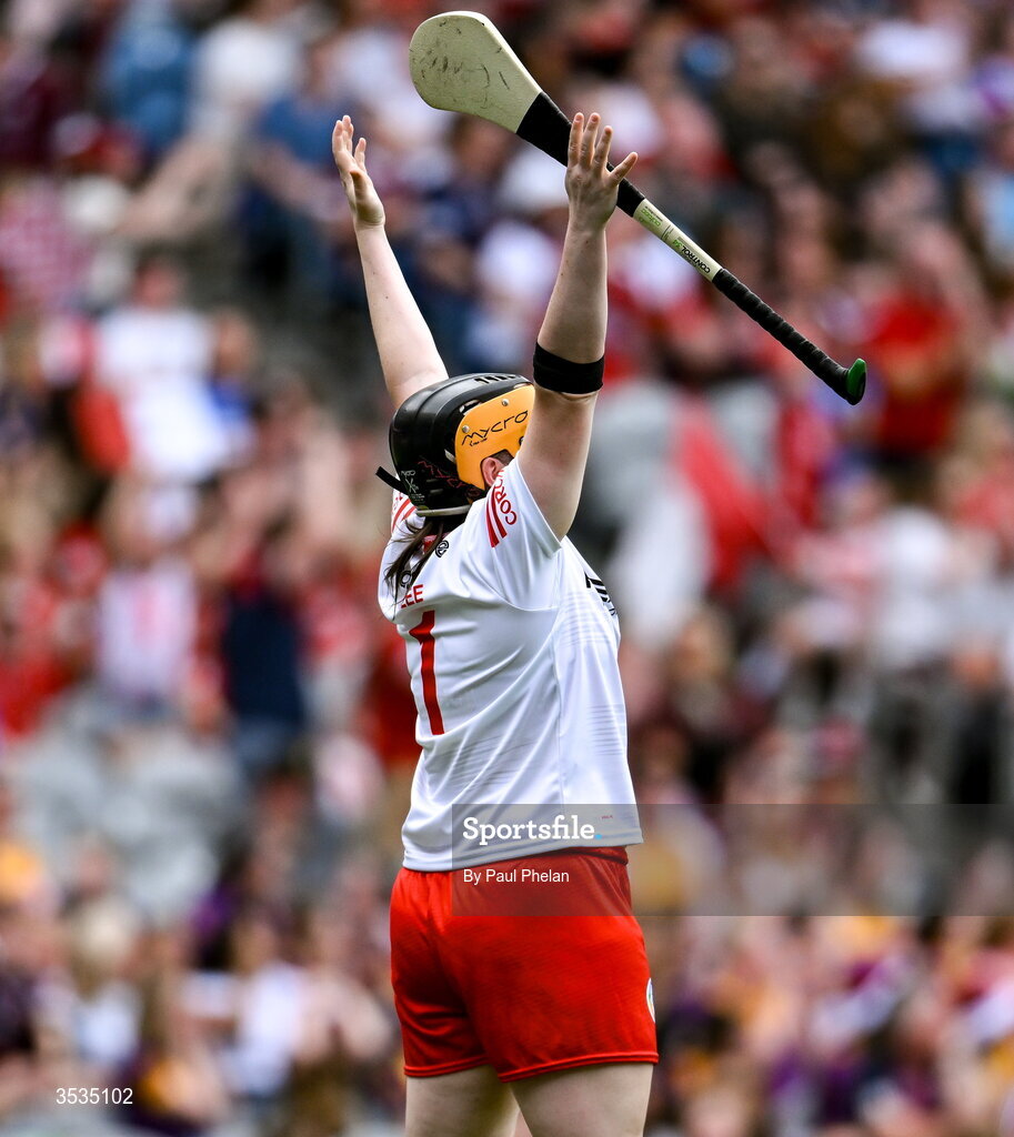 9 August 2026; Cork goalkeeper Amy Lee celebrates her sides second goal during the Glen Dimplex All-Ireland Senior Camogie Championship final match between Galway and Cork at Croke Park in Dublin. Photo by Paul Phelan/Sportsfile