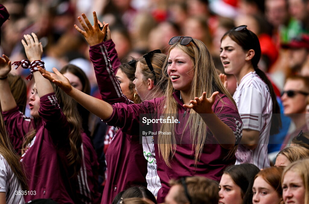 9 August 2026; A Galway protestor protests a decision during the Glen Dimplex All-Ireland Senior Camogie Championship final match between Galway and Cork at Croke Park in Dublin. Photo by Paul Phelan/Sportsfile