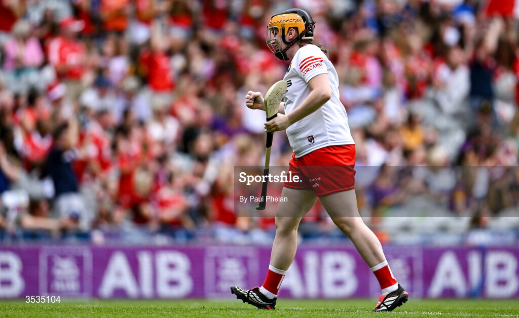 9 August 2026; Cork goalkeeper Amy Lee celebrates her sides second goal during the Glen Dimplex All-Ireland Senior Camogie Championship final match between Galway and Cork at Croke Park in Dublin. Photo by Paul Phelan/Sportsfile