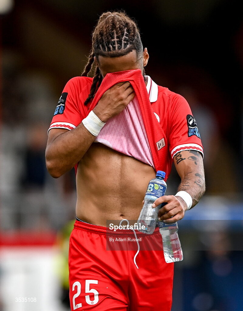 9 August 2026; Milan Mbeng of Shelbourne following the SSE Airtricity Men’s Premier Division match between Shelbourne and St Patrick's Athletic at Tolka Park in Dublin. Photo by Adam Russell/Sportsfile